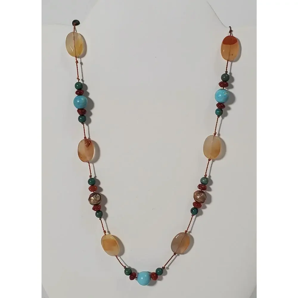 Agate Freshwater Pearl Carnelian Turquoise Bead Sterling Silver Toggle Necklace